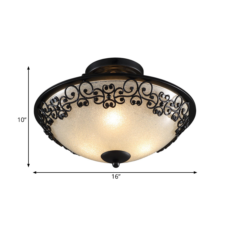 3 Bulbs Frosted Glass Semi Flush Rural Black Butterfly-Embellished Bowl Bedroom Close to Ceiling Light