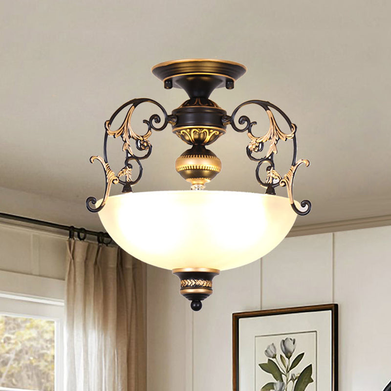 Open-Top Bowl Pathway Ceiling Lamp Antique Opal Glass 3-Light Black Semi Mount Lighting with Swirled Arm