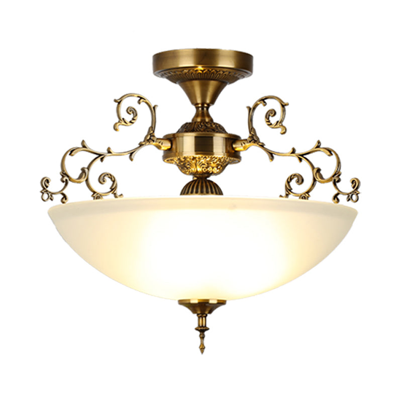 3 Lights Wide Bowl Semi Flush Mount Traditional Gold Frosted Glass Close to Ceiling Lamp with Swirling Arm, 13"/17" Wide