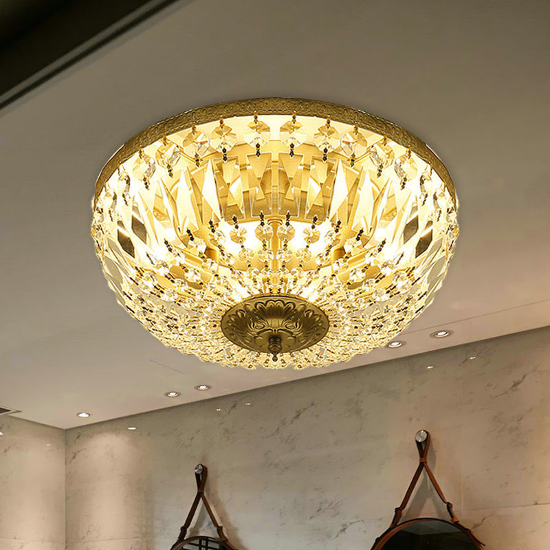 Modernism Dome Flush Light Clear Crystal Strand 4-Head Living Room Ceiling Lamp Fixture in Brass