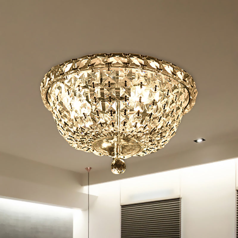 3 Heads Hallway Ceiling Light Fixture Modernist Flush Lamp with Bowl Clear Crystal Strand Shade