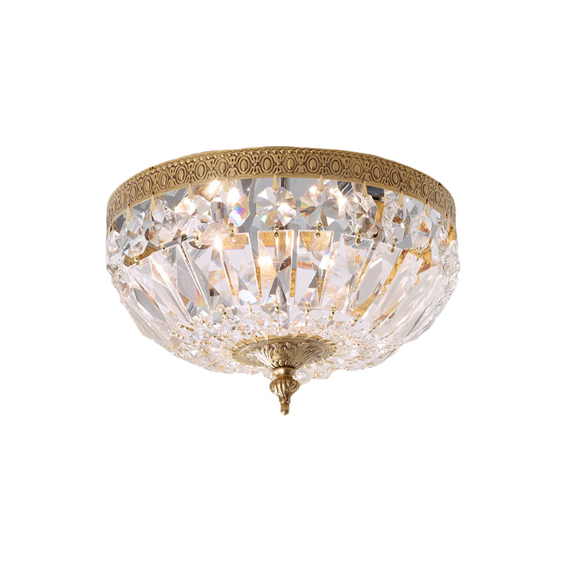 Post Modern Bowl-Shape Flush Lighting Beveled Crystal Strand 2 Bulbs Bedroom Ceiling Mounted Lamp in Brass
