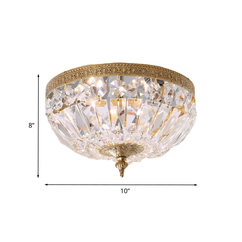 Post Modern Bowl-Shape Flush Lighting Beveled Crystal Strand 2 Bulbs Bedroom Ceiling Mounted Lamp in Brass