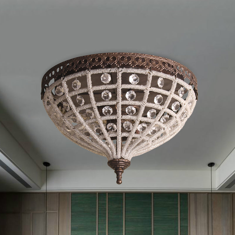 Bronze Domed Cage Flush Mount Lamp Antiqued 2-Light Crystal Bead Ceiling Light Fixture