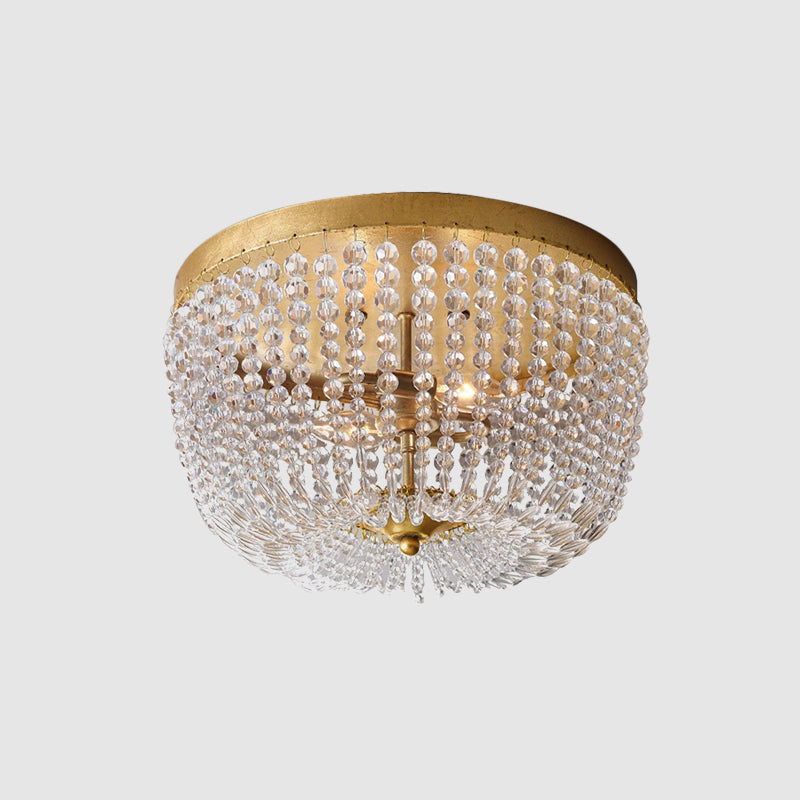 Dome Frame Crystal Strand Ceiling Flush Modernist 3 Bulbs Gold Finish Flush Mounted Lighting