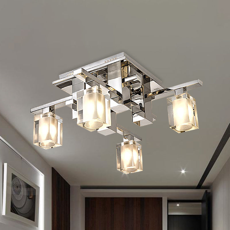 Cuboid Semi Flush Light Fixture Modernist Clear Glass 4 Heads Chrome Finish Flush Ceiling Lamp