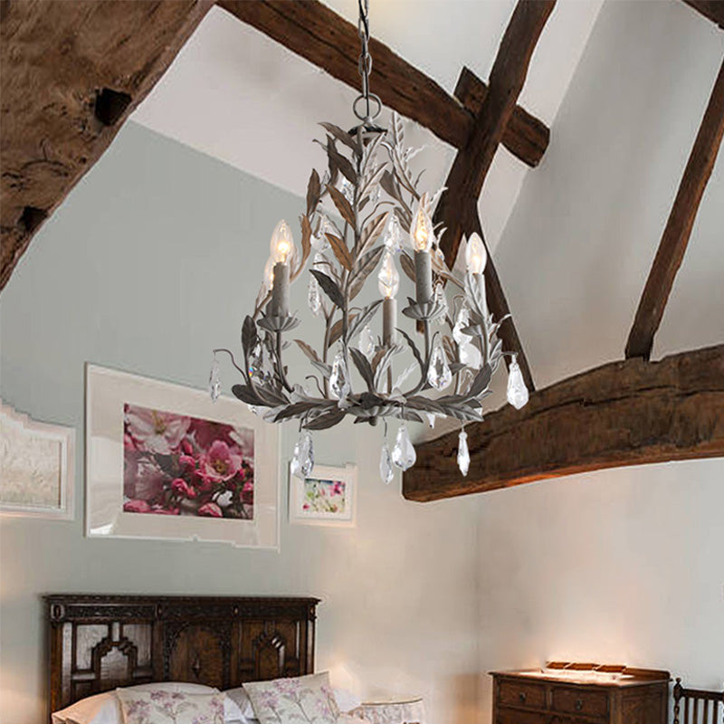 Leaf Hanging Chandelier Traditional 5-Bulb Dangling Crystal Bead Suspended Lighting Fixture in Grey/White