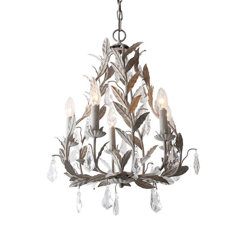 Leaf Hanging Chandelier Traditional 5-Bulb Dangling Crystal Bead Suspended Lighting Fixture in Grey/White