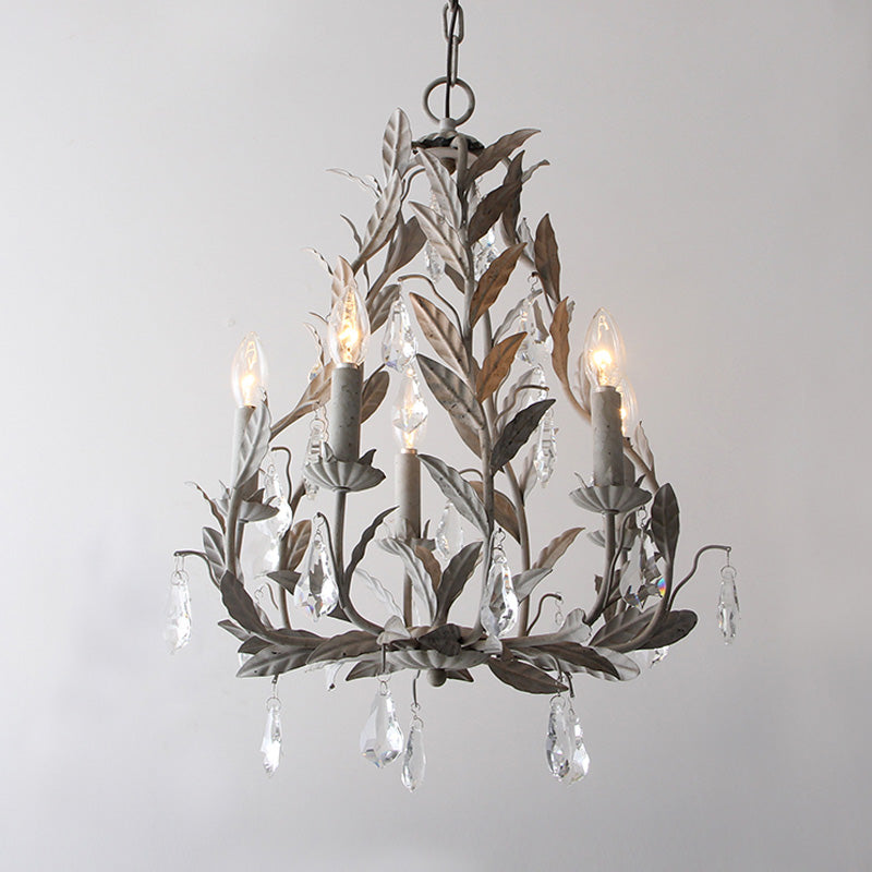 Leaf Hanging Chandelier Traditional 5-Bulb Dangling Crystal Bead Suspended Lighting Fixture in Grey/White