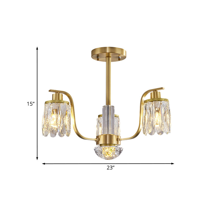 Cylindrical Hanging Chandelier 3-Bulb Beveled Glass Suspended Lighting Fixture in Gold