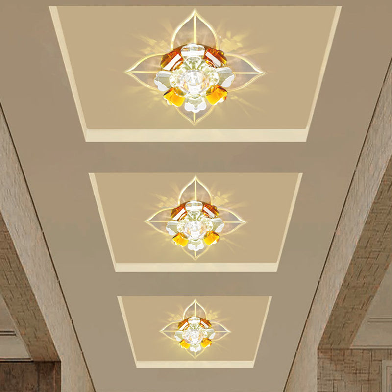 Flower Close to Ceiling Lamp Minimalist LED Tan Faceted Crystal Panel Flushmount Lighting