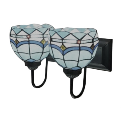 Blue Bowl Wall Mount Light Mediterranean 2 Heads Multicolor Stained Glass Sconce Lighting