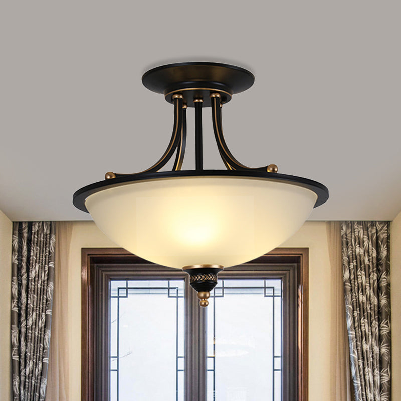 Tazón minimalista Semi Flush Light de 3 luces Glass White Glass Techo de techo de alambre en negro