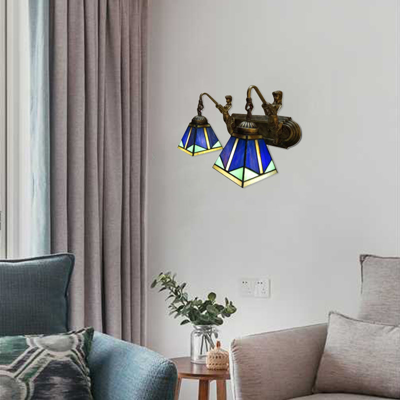Pyramid Wall Light Fixture Tiffany Blue Glass 1 Head Antique Brass Sconce Lighting