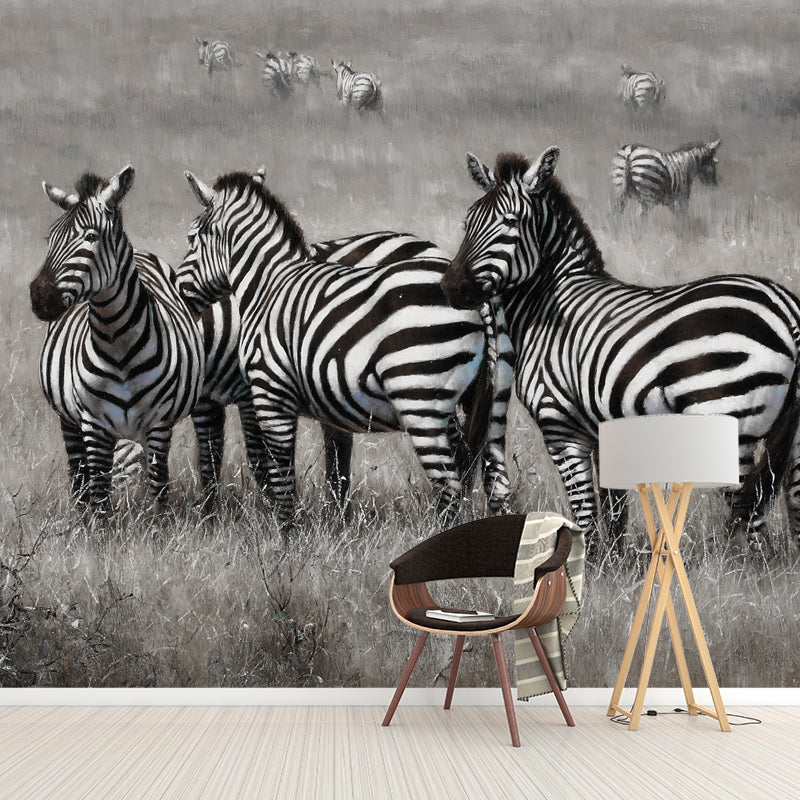 Extra Large Zebra Mural for Home Decor Fantasy Grass Wall Covering in Black and White, Stain-Resistant