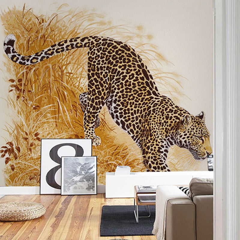 Full Illustration Modern Wall Mural for Home Decoration with Yellow and Black Leopard Design