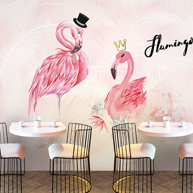 Water-Resistant Flamingo Wall Decor Customized Nordic Mural Wallpaper in Pink for Coffee Shop