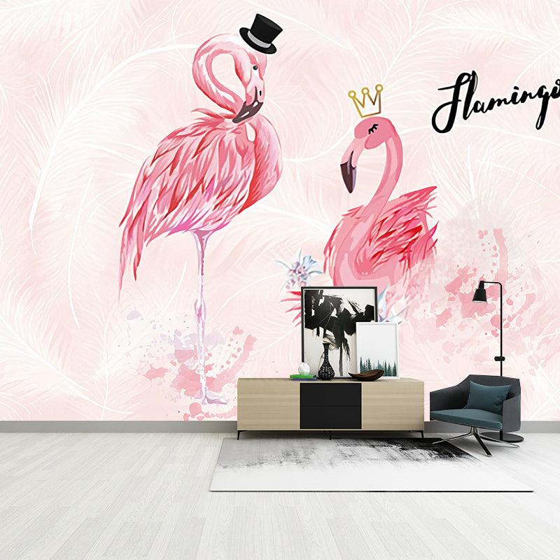 Water-Resistant Flamingo Wall Decor Customized Nordic Mural Wallpaper in Pink for Coffee Shop