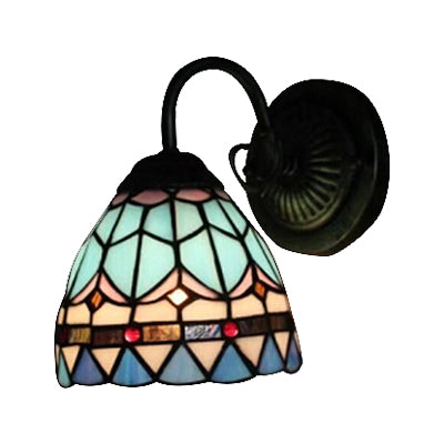 Stained Glass Domed Wall Light 1 Light Mediterranean Style Wall Lamp in Blue for Stair