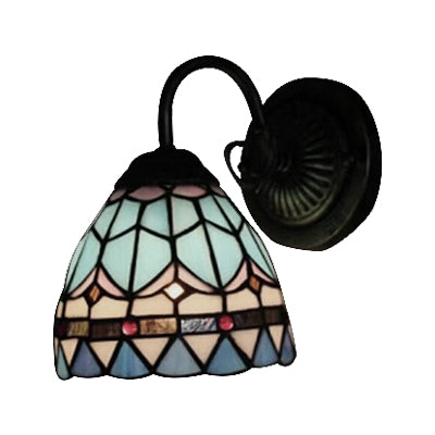 Stained Glass Domed Wall Light 1 Light Mediterranean Style Wall Lamp in Blue for Stair