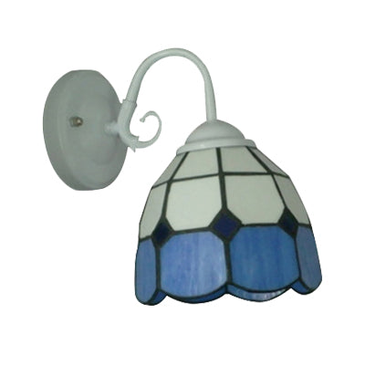 Simple Tiffany Blue Wall Sconce Grid Bowl 1 Light Stained Glass Wall Lamp in White Finish for Hotel