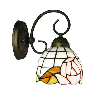 1 Head Sconce Light Victorian Dome Stained Glass Wall Light Fixture with Pink Rose Pattern