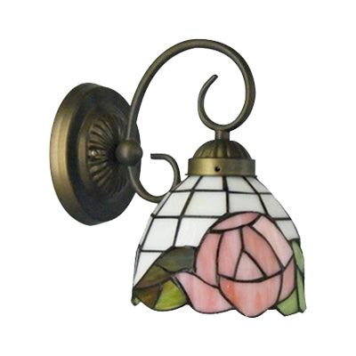 1 Head Sconce Light Victorian Dome Stained Glass Wall Light Fixture with Pink Rose Pattern