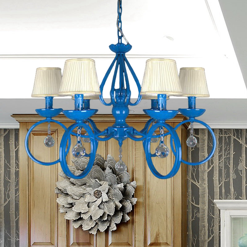 Fabric Cone de lampe pendentielle bleu 5/6/8 Lumières Classic Chandelier Lightture pour le salon avec drapage en cristal