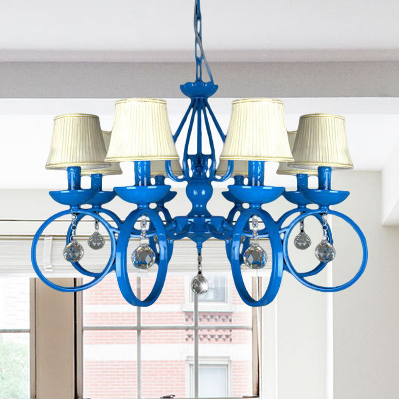 Fabric Cone de lampe pendentielle bleu 5/6/8 Lumières Classic Chandelier Lightture pour le salon avec drapage en cristal