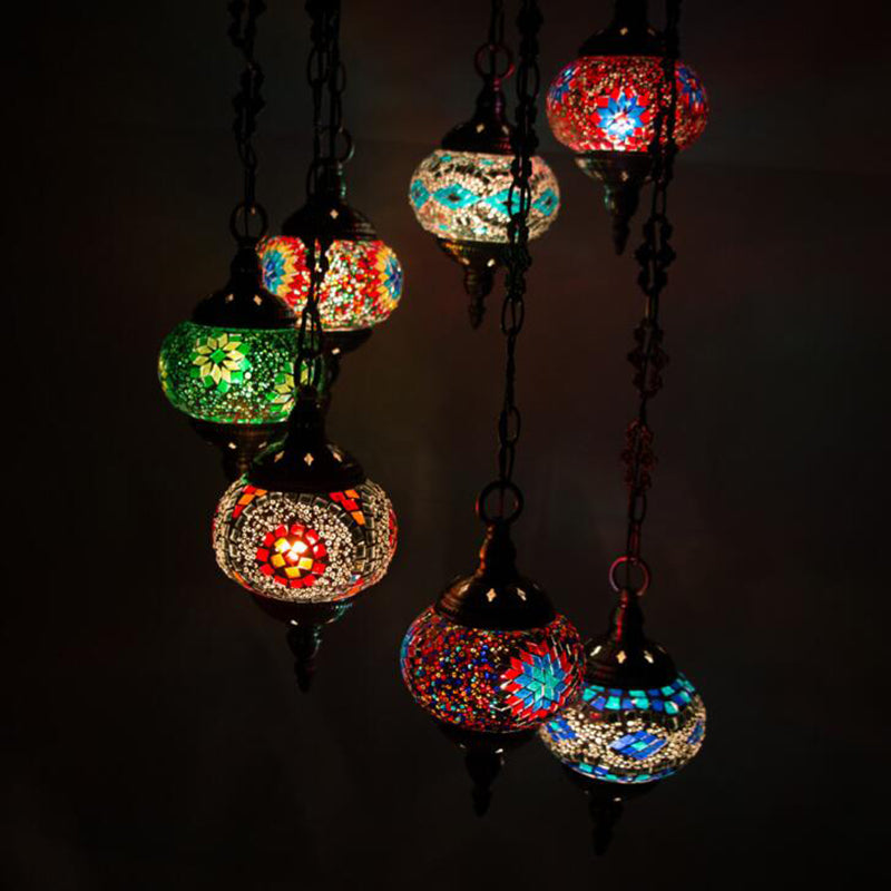 7 bulbes globe plafond lustre rétro rétro-coloré en verre pendant éclairage en bronze