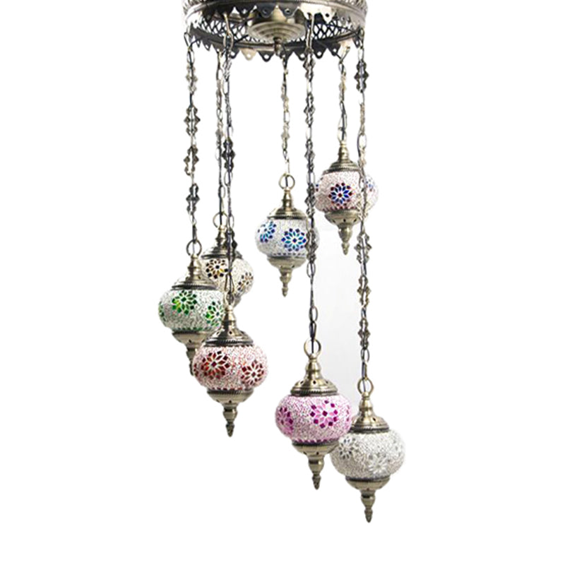 7 bulbes globe plafond lustre rétro rétro-coloré en verre pendant éclairage en bronze