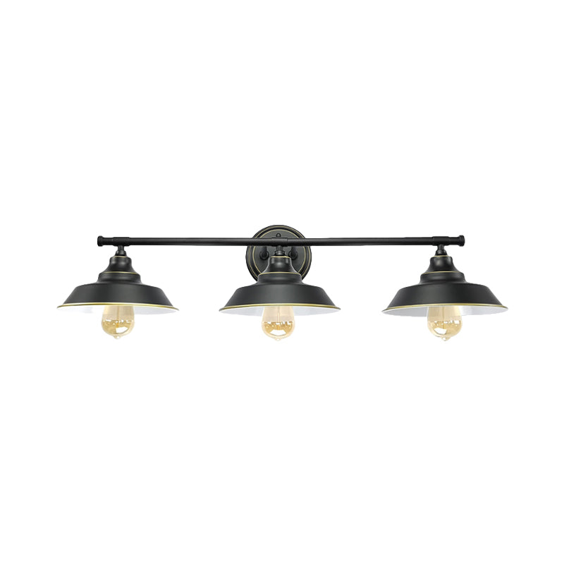 3 Lights Wall Mount Fixture with Barn Shade Metallic Retro Style Living Room Wall Lighting in Black