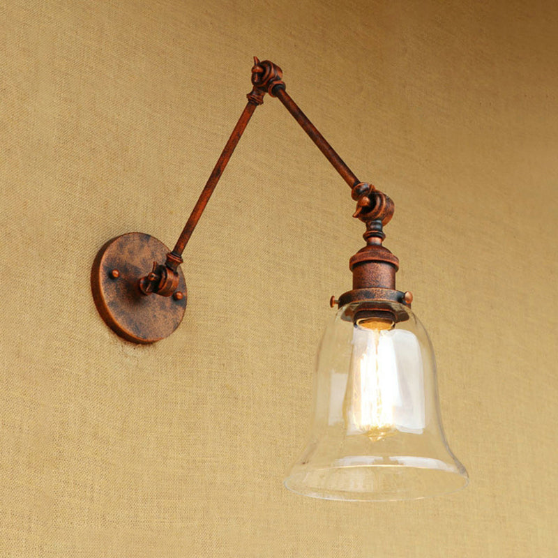 Dormitorio acampanado lámpara de luz estilo retro vidrio transparente 1 lámpara de pared de óxido ligero