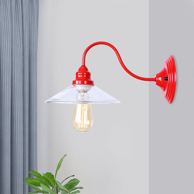 1 Bulb Wide Flare Wall Mounted Light Industrial Red Clear Glass Lighting with Curved Arm