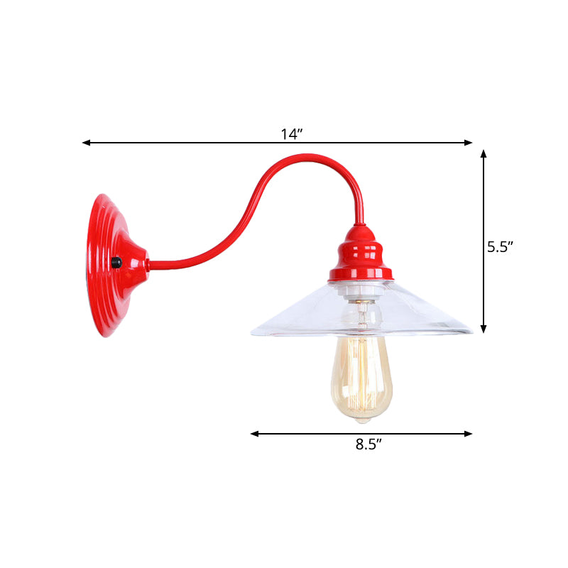 1 Bulb Wide Flare Wall Mounted Light Industrial Red Clear Glass Lighting with Curved Arm