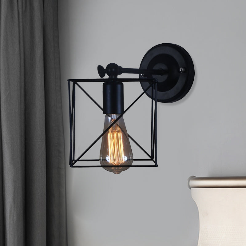 1 Head Metal Wall Lighting Antique Style Black Squared Cage Shade Bedroom Wall Mounted Lamp