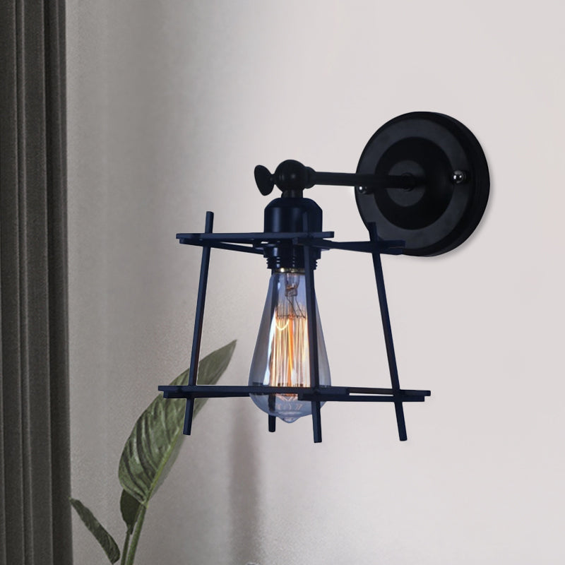 1 Kopfwandlicht Retro -Stil Kubikschatten Metall Wandleuchte mit Drahtschutz in Schwarz für Schlafzimmer