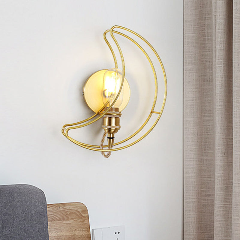 1 Light Wall Lighting with Moon Cage Shade Metal Loft Style Bedroom Sconce Light Fixture in Gold