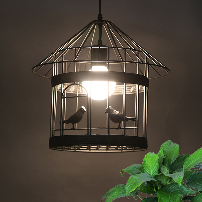 Rustic Birdcage Hanging Light 1 Head Metal Pendant Lamp in Black with Bird Decoration