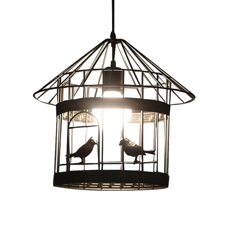 Rustic Birdcage Hanging Light 1 Head Metal Pendant Lamp in Black with Bird Decoration