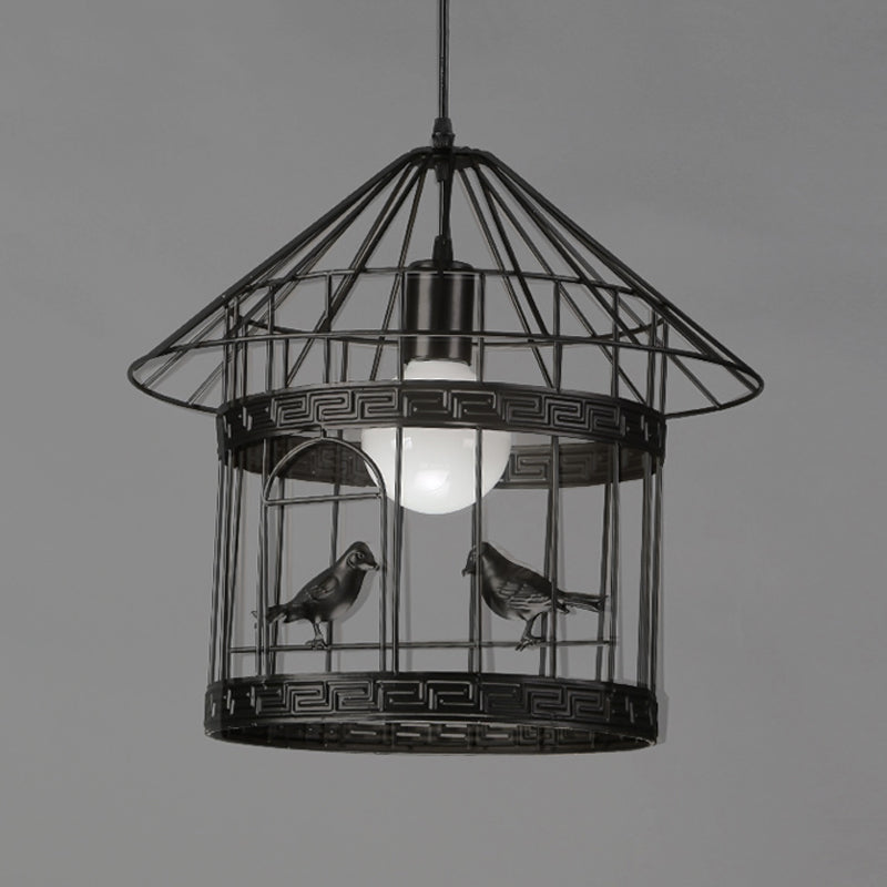 Rustic Birdcage Hanging Light 1 Head Metal Pendant Lamp in Black with Bird Decoration