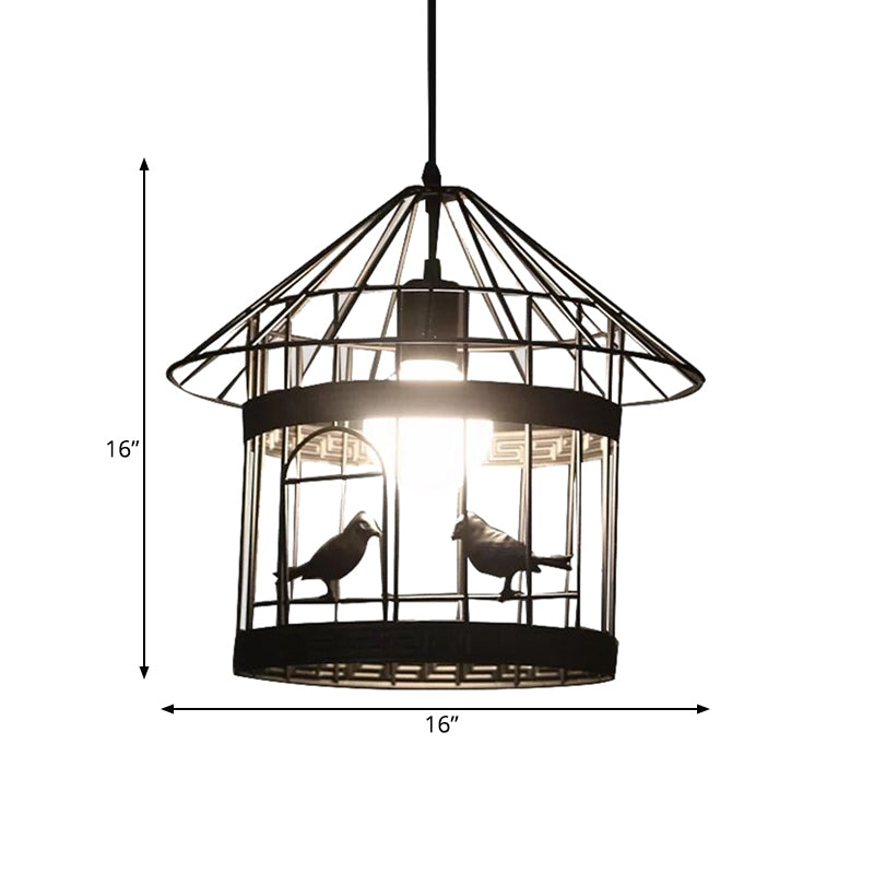 Rustic Birdcage Hanging Light 1 Head Metal Pendant Lamp in Black with Bird Decoration