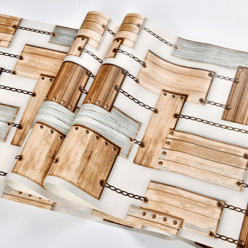 Wood Board and Chain Wallpaper Vinyl Wall Decor for Bar, 20.5"W x 33'L, Non-Pasted