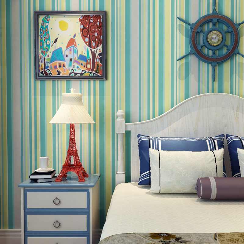 Latitudinal Stripe Wall Art for Children's Bedroom Rainbow Wallpaper Roll, Stain-Resistant