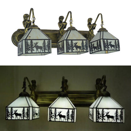 3 Lights Lodge Wall Sconce Rustic Stylish Glass Wall Lamp in Beige with Forest Deer for Restaurant