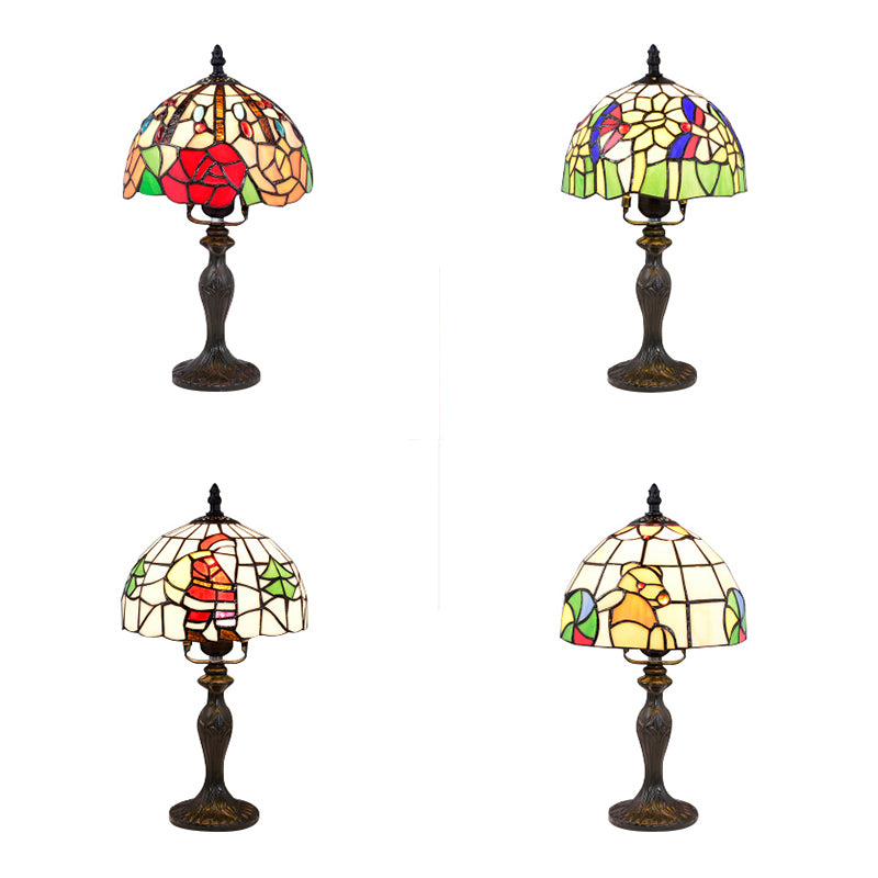 Luz de escritorio de flores vívidas con rosa/mariposa/oso/santa Claus Patrón Tiffany Lámpara de escritorio de vidrieras rústicas para sala de estudio