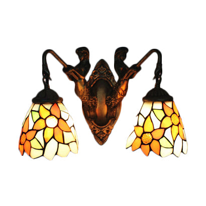 Stained Glass Floral Wall Light Fixture Victorian 2 Lights Orange Sconce Light with Mermaid Backplate