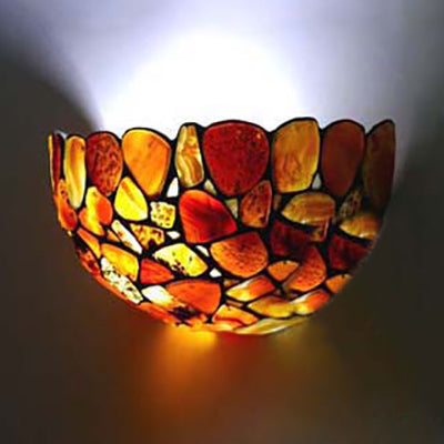 Stained Glass Bowl Wall Mount Light with Stone Design Country Style 2 Lights Wall Sconce for Bedroom