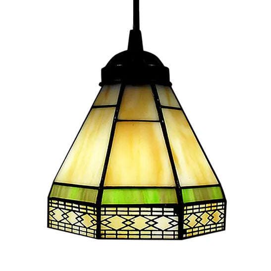 Stained Glass Conical Drop Lamp Tiffany-Style 1 Head Beige/Green/Blue Pendant Lighting Fixture for Living Room