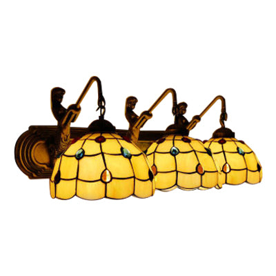 Grid Patterned Sconce Light Tiffany Yellow Glass 1 Head Antique Bronze Wall Light Fixture